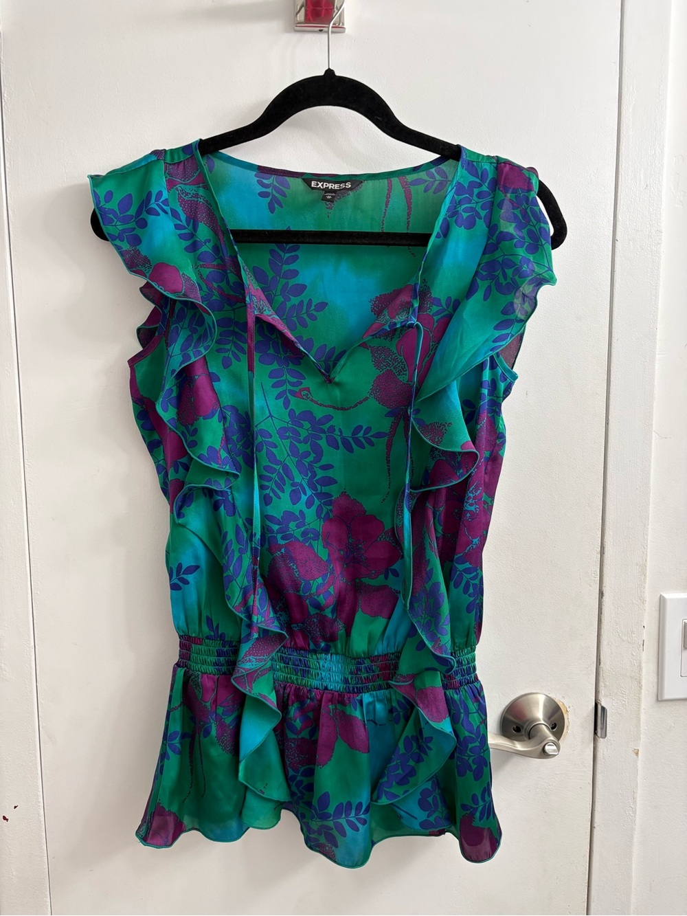 Express Green & Purple Floral Ruffle Blouse